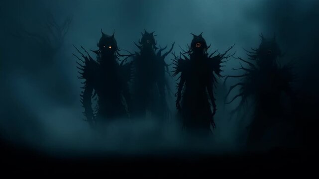 Terrifying demons lurk in shadows with glowing eyes, ready to scare on halloween night. Eerie red eyes pierce darkness, creating a spooky atmosphere for horror celebrations