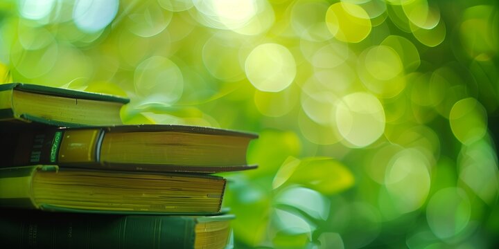 Abstract background with books and blurred green backdrop with bokeh effect.