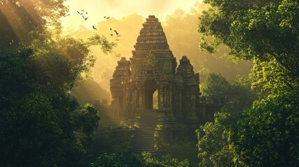 The temple stands proudly amid lush greenery, illuminated by warm sunlight filtering through the trees, creating a serene atmosphere
