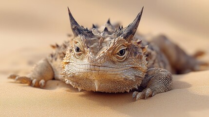 A horned lizard camouflaged in the desert sand, with its spiky appearance and keen eyes, demonstrating the defensive mechanisms of reptiles.