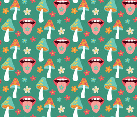 Vector seamless pattern with flowers, mushrooms, mouth and tongue. Colorful hippie background in flat style.	