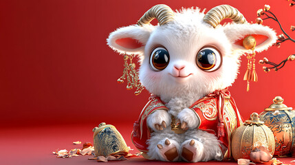 3. A cute lamb character with large expressive eyes, dressed in exquisite ancient Chinese-style garments, elegantly positioned with a vivid red background, in HD 32K UHD 