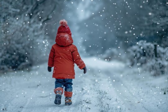 Child is enjoying a snowy day by walking down a path surrounded by snow covered trees