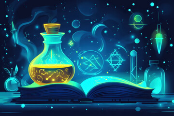 Magic potion is brewing in a glass flask on a book with glowing runes and symbols, creating a mystical and enchanting atmosphere