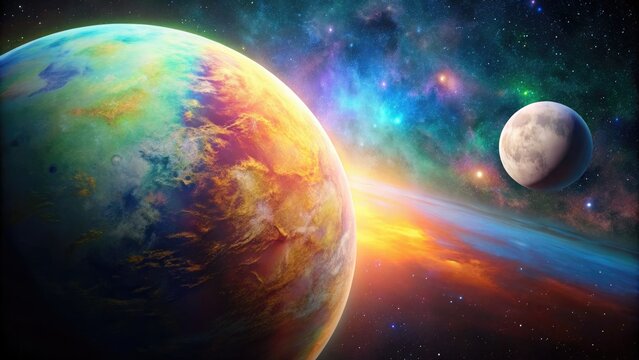 Exoplanet with a colorful atmosphere and a large moon , space, astronomy, extrasolar, planet, atmosphere, moon, celestial