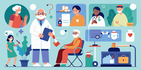 Set of medical care scenes. Doctor and patient, ultrasound examination, caring for the elderly
