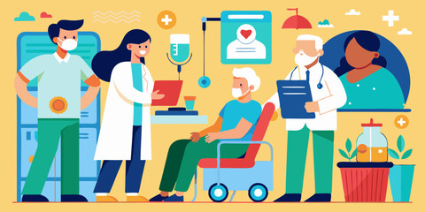 Set of medical care scenes. Doctor and patient, ultrasound examination, caring for the elderly
