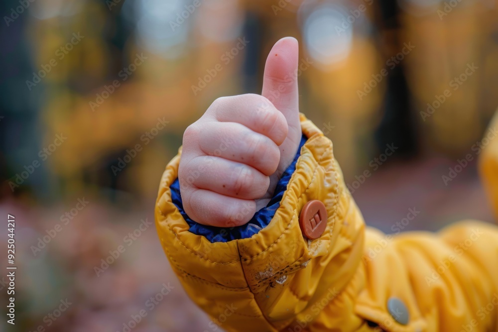 Wall mural child wearing yellow jacket showing thumbs up gesture outdoors