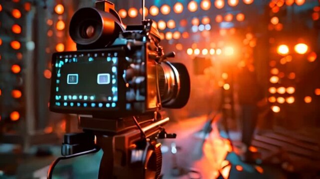 Behind the scenes of filming video production. film crew on the set in film studio. Backstage video production recording. 