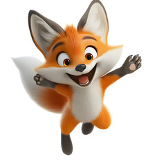 Obraz premium Cheerful 3D Cartoon Gray Fox Jumping with Happiness on Plain White Background Transparent PNG