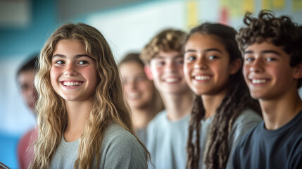 Obraz premium Group of smiling high school students in the classroom. Back to school concept.