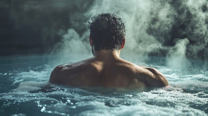 Obraz premium A muscular man submerges himself in an ice plunge pool bath, steam rising from his body, showcasing recovery after an intense sports exercise session.