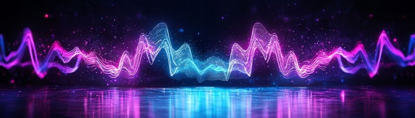 Vibrant sound wave visual with colorful neon lights reflecting on a surface, perfect for music and audio themes.