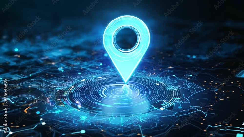 Poster a glowing location pin is centered on a digital navigation map with abstract blue patterns and dynam