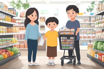Family shopping for groceries together in a supermarket aisle on a sunny day
