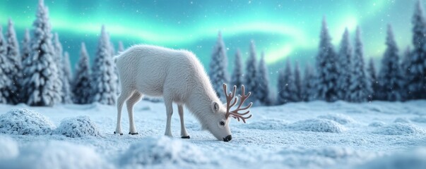 A serene winter landscape featuring a white reindeer grazing under a mesmerizing aurora borealis in a snowy forest.