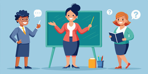 Teacher woman or mancharacter set. Friendly teacher points, poses, writes on the blackboard, looks at the phone, speaks
