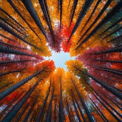 A stunning view of vibrant autumn foliage, showcasing tall trees with leaves ranging from red to orange, framed by a clear blue sky.
