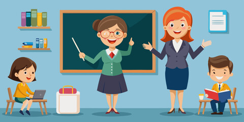 Teacher woman or mancharacter set. Friendly teacher points, poses, writes on the blackboard, looks at the phone, speaks
