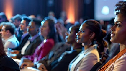 Engaged Minds: A diverse audience captivated at a business conference, reflecting the power of knowledge and networking. 
