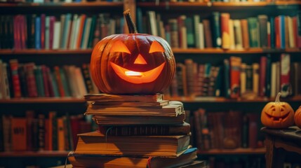 Halloween pumpkin atop a stack of books in a cozy library setting