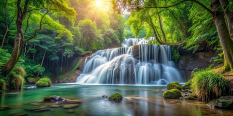 Obraz premium Serene forest waterfall surrounded by lush trees and flowing water, Nature, tranquil, peaceful, scenic, landscape
