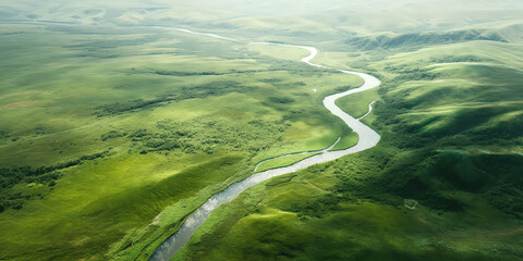 Serene Aerial View of Meandering River through Lush Green Valleys