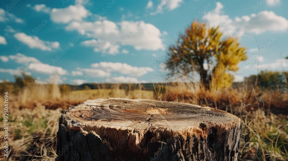 Poster stump of a cut down tree, showing its natural texture and the impacts of time and weather on it.