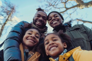 Happy family enjoying a day in the city, smiling for a portrait that captures their love and togetherness.