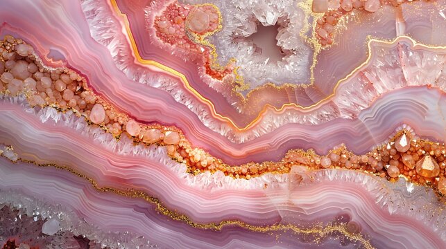 The mesmerizing pink agate reveals intricate layers and sparkling crystals, showcasing nature&rsquo;s breathtaking design on a stunning surface