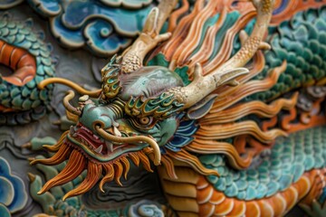 Close up of a colorful chinese dragon head statue showing sharp teeth