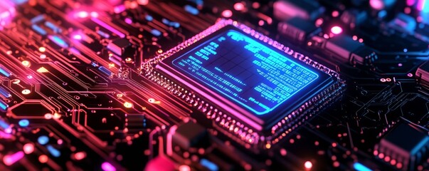 Obraz premium Close-up of a vibrant microchip on a circuit board, showcasing intricate circuitry and colorful LED lights for tech enthusiasts.