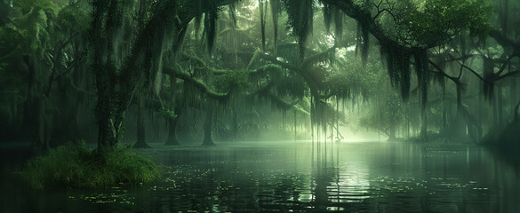 Enigmatic Bayou Serenity: Detailed Illustration of Mysterious Swamp with Hanging Moss, Reflective Waters, and Eerie Atmosphere