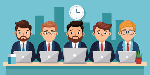 Set of business man character sitting at a desk in front of a laptop. Deadline. Office worker with different emotions
