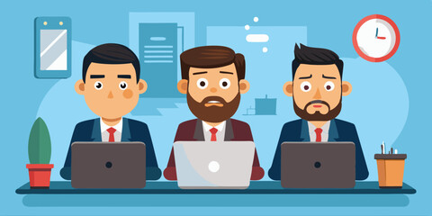 Set of business man character sitting at a desk in front of a laptop. Deadline. Office worker with different emotions

