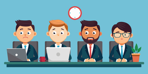 Set of business man character sitting at a desk in front of a laptop. Deadline. Office worker with different emotions
