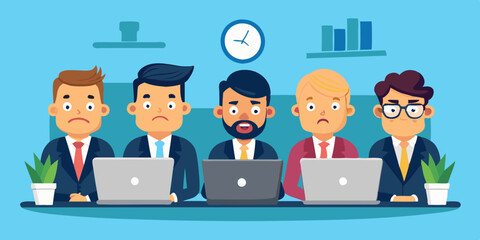 Set of business man character sitting at a desk in front of a laptop. Deadline. Office worker with different emotions
