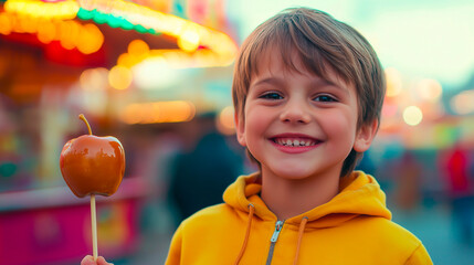 Excited Young Boy Enjoying a Caramel Apple at an Outdoor Fair or Festival, Smiling with a Treat in Hand