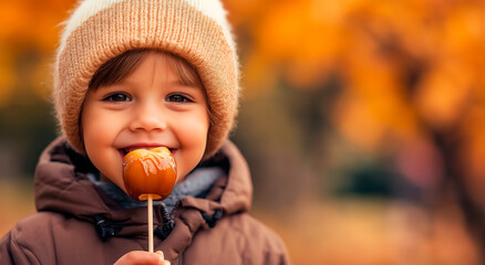 Adorable Young Boy Wearing a Beanie and Enjoying a Caramel Apple in a Warm, Autumnal Setting