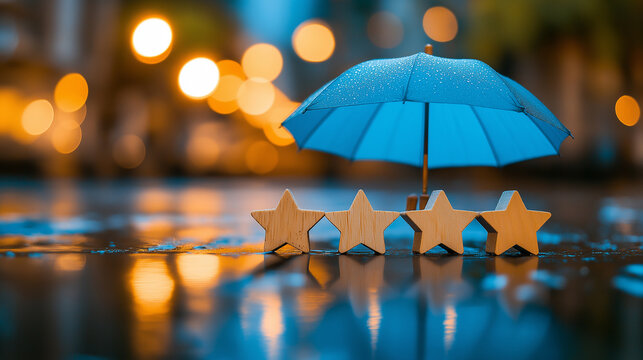 Product quality and service guarantee concept. Four stars protected by umbrella. Satisfaction and customer service. Quality management of product.
