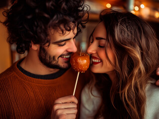 Romantic Couple Sharing a Caramel Apple Together in a Cozy, Autumn-Themed Setting with Warm Lighting