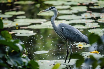 Grey heron standing on water lilies in a pond
