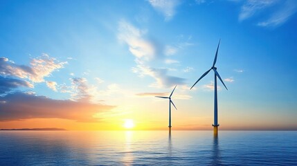 A serene coastal wind farm, with carbon credits gently drifting in the breeze