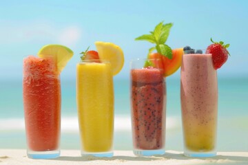 Fototapeta premium A collage of various tropical drinks with ice, fruit, and garnish. Perfect for a summer vacation.