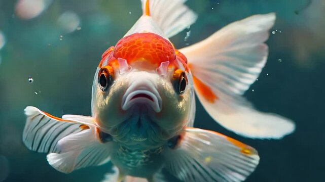 Curious Goldfish: A close-up portrait of a goldfish, its vibrant orange and white scales shimmering in the water, capturing its inquisitive gaze. This captivating photo evokes a sense of wonder and tr