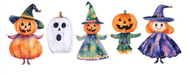 Colorful Halloween characters featuring pumpkins, witches, and a ghost, perfect for festive decorations and seasonal designs.