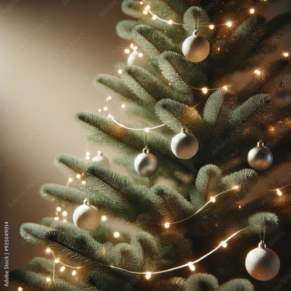 Poster a close-up horizontal view of a christmas tree adorned only with lights. the tree features a minimal
