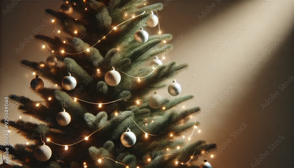 Poster a close-up horizontal view of a christmas tree adorned only with lights. the tree features a minimal