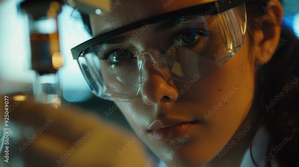 Poster young female scientist in lab coat working with high powered microscope, examining samples and data.