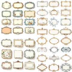 A collection of vintage framed signs with floral designs. The frames are ornate and the signs are white